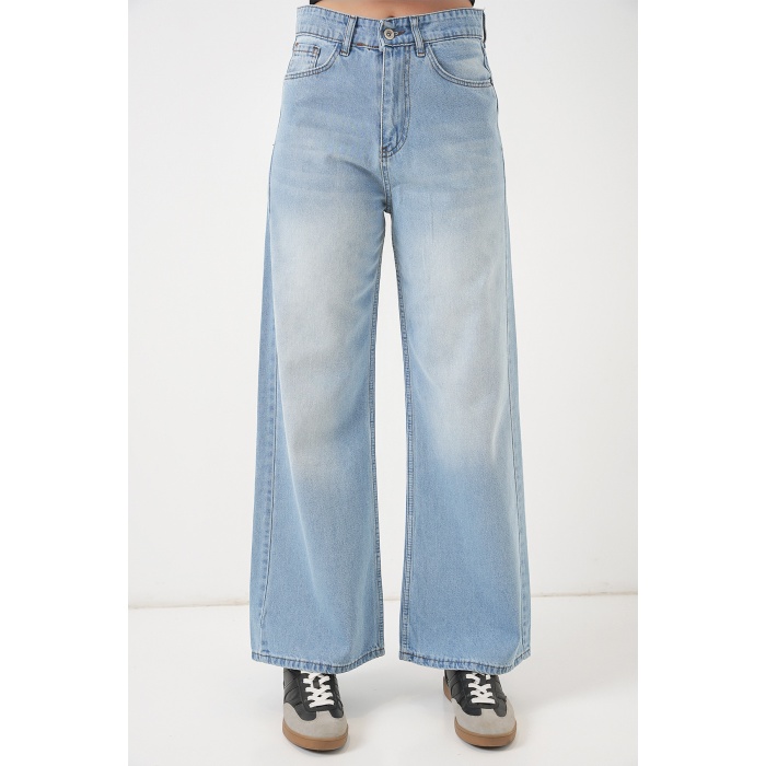 Kadın Bol Paça Yüksek Bel Palazzo Kot Pantolon 6656 - Açık Mavi