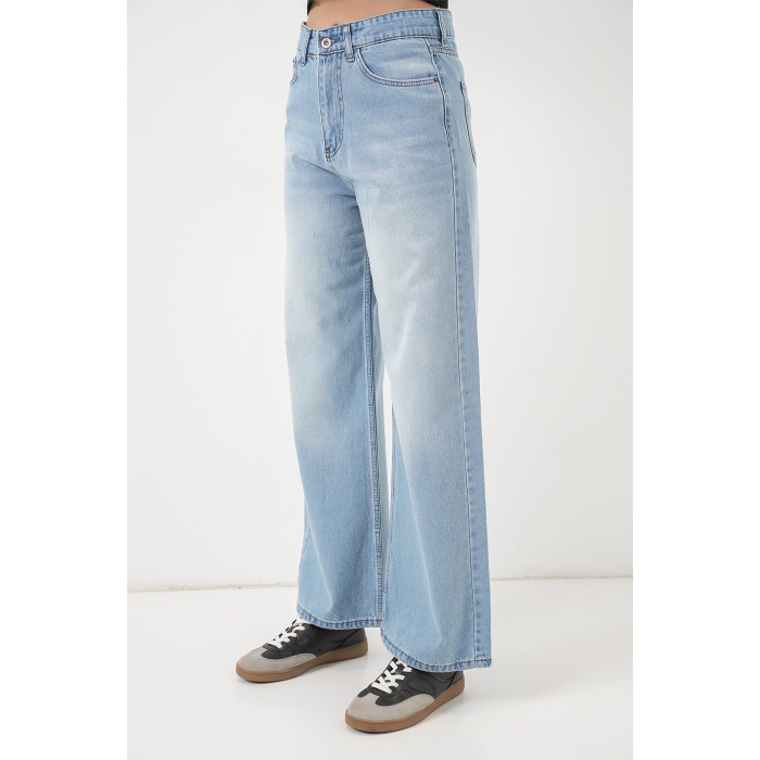 Kadın Bol Paça Yüksek Bel Palazzo Kot Pantolon 6656 - Açık Mavi