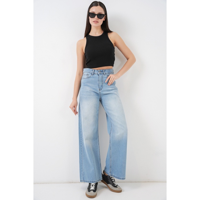 Kadın Bol Paça Yüksek Bel Palazzo Kot Pantolon 6656 - Açık Mavi