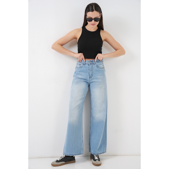 Kadın Bol Paça Yüksek Bel Palazzo Kot Pantolon 6656 - Açık Mavi
