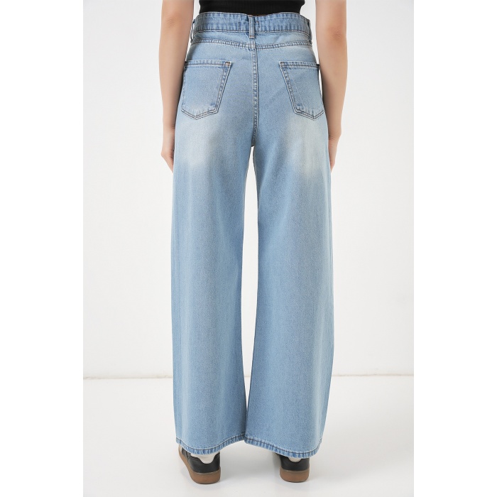 Kadın Bol Paça Yüksek Bel Palazzo Kot Pantolon 6656 - Açık Mavi