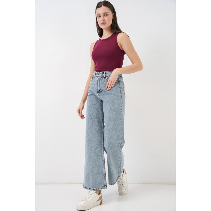 Kadın Bol Paça Yüksek Bel Palazzo Kot Pantolon 6656 - A.Mavi