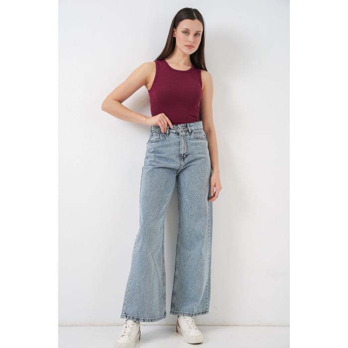 Kadın Bol Paça Yüksek Bel Palazzo Kot Pantolon 6656 - A.Mavi