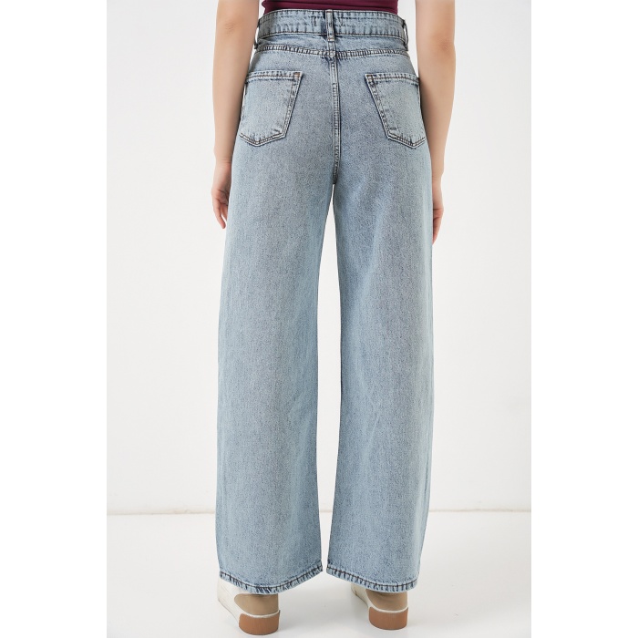 Kadın Bol Paça Yüksek Bel Palazzo Kot Pantolon 6656 - A.Mavi