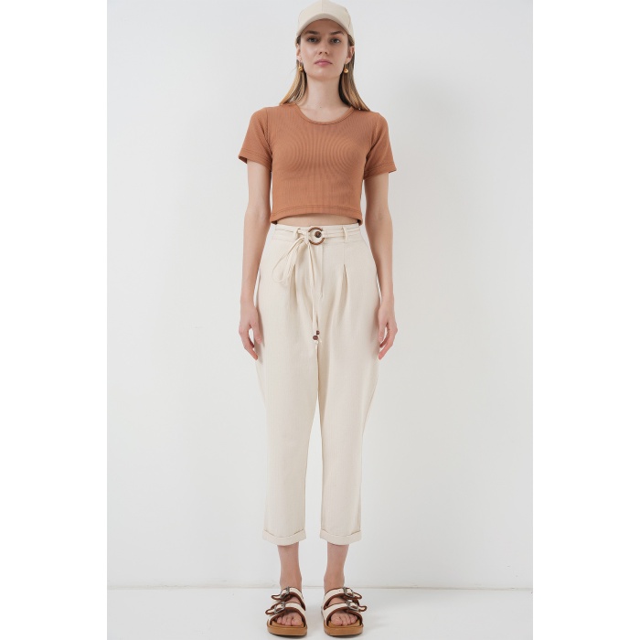 6660 Kemerli Keten Pantolon - Krem