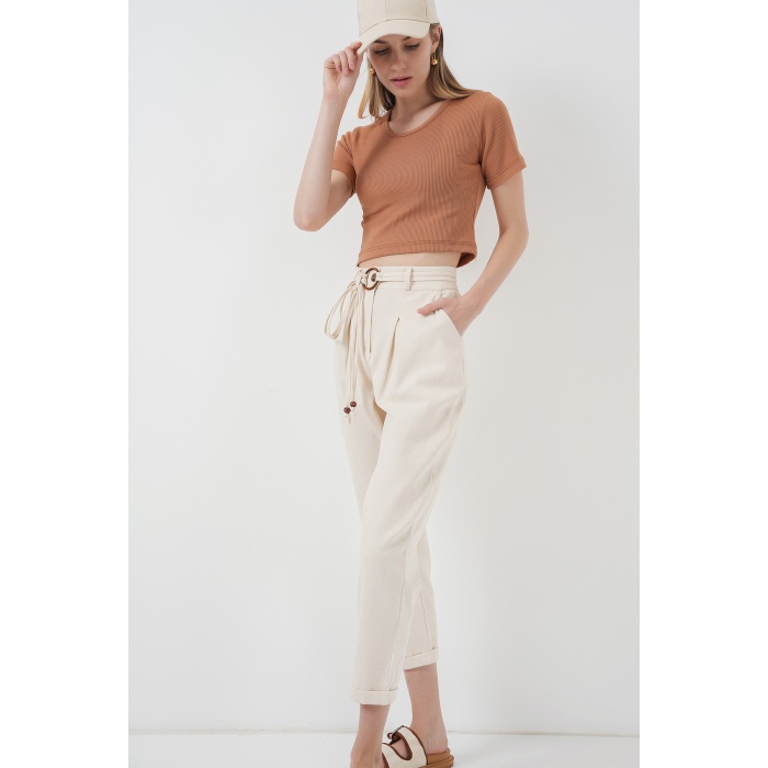 6660 Kemerli Keten Pantolon - Krem