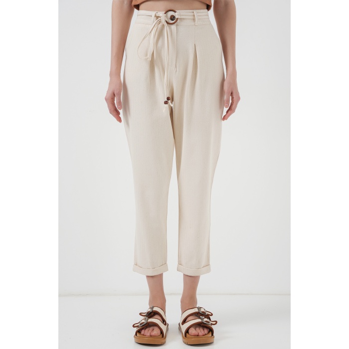 6660 Kemerli Keten Pantolon - Krem