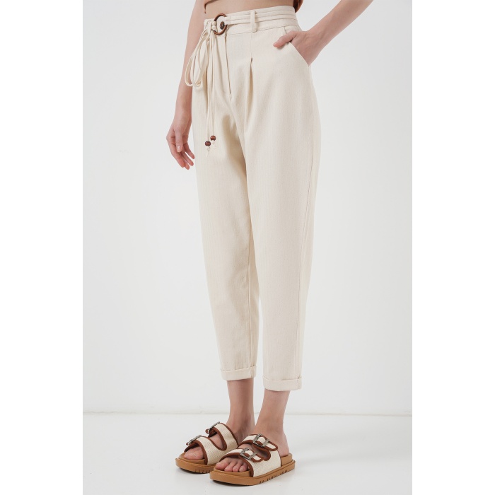 6660 Kemerli Keten Pantolon - Krem