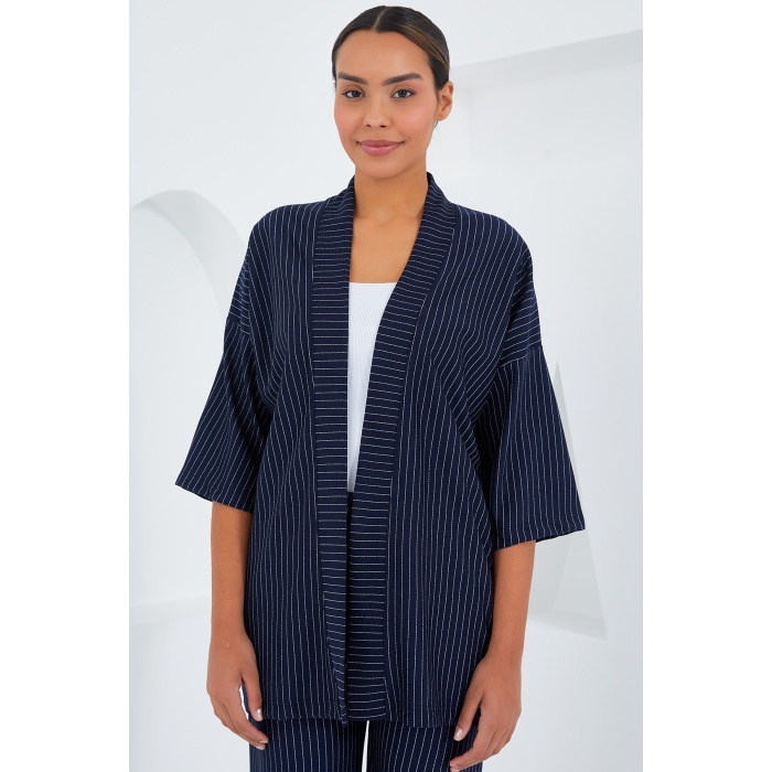 6661 Kadın Çizgili Kimono İkili Takım - Lacivert