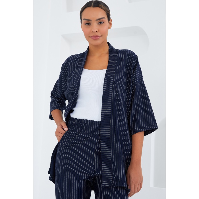 6661 Kadın Çizgili Kimono İkili Takım - Lacivert