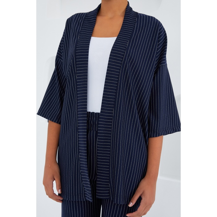6661 Kadın Çizgili Kimono İkili Takım - Lacivert