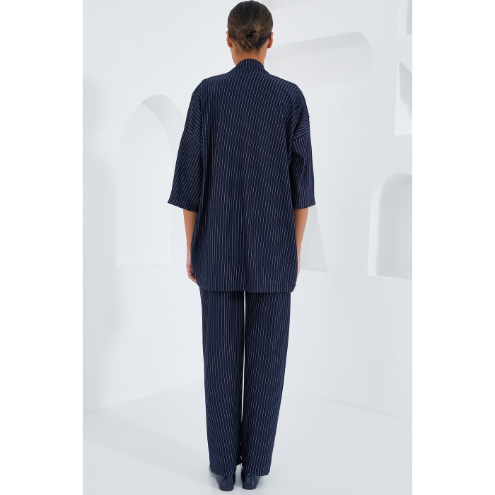 6661 Kadın Çizgili Kimono İkili Takım - Lacivert