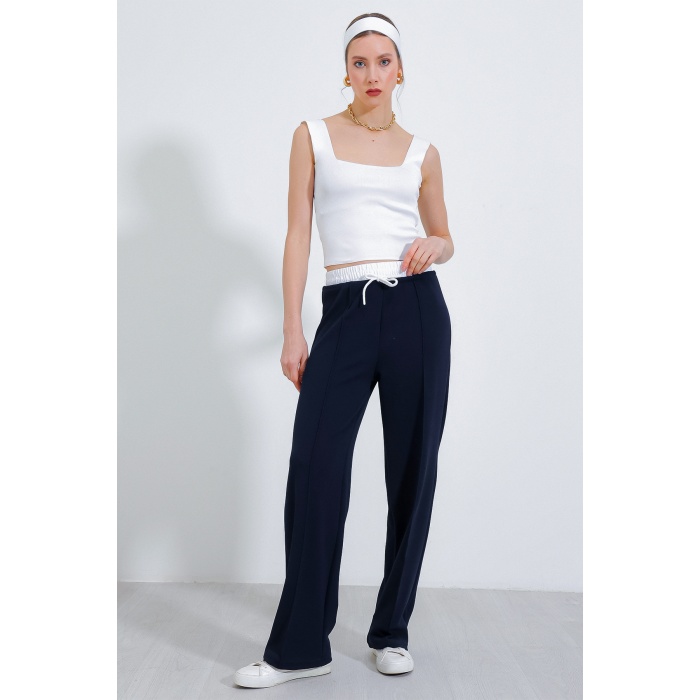 Kadın Lacivert Bol Paça Çımalı Pantolon 6662
