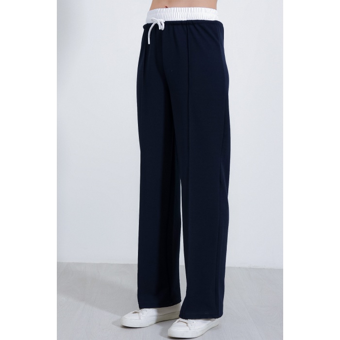 Kadın Lacivert Bol Paça Çımalı Pantolon 6662