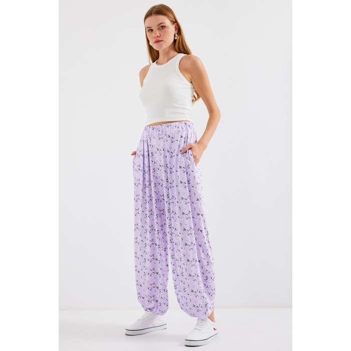 6665 Desenli Şalvar Pantolon - Lila