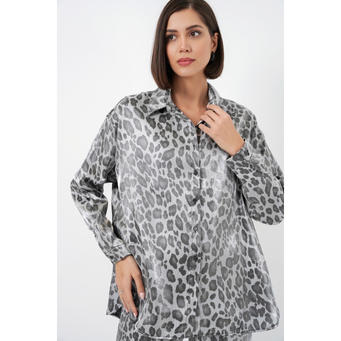 6699 Leopar Desenli Alt Üst Takım - Gri