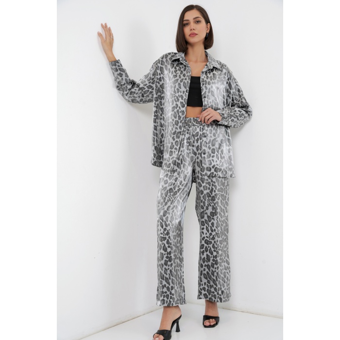 6699 Leopar Desenli Alt Üst Takım - Gri