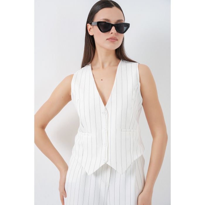 6709 Kadın Yelek Pantolon İkili Takım - B.Beyaz