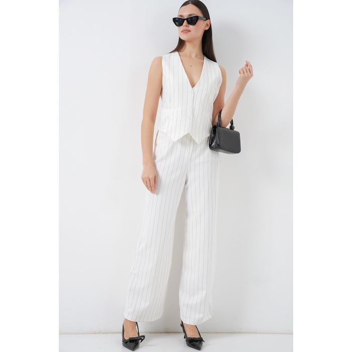 6709 Kadın Yelek Pantolon İkili Takım - B.Beyaz