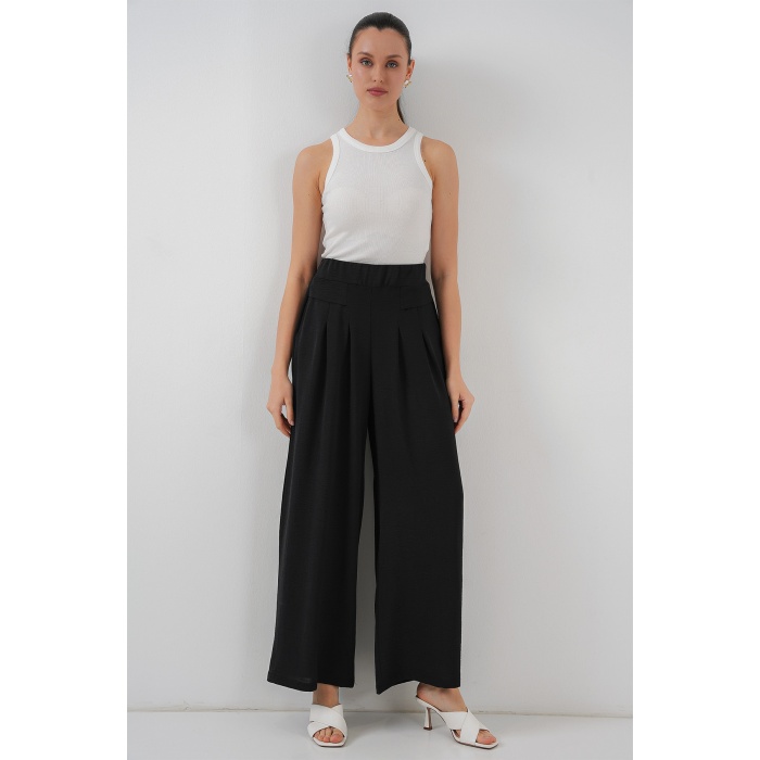 Kadın Geniş Paça Pileli Pantolon 6718 - Siyah