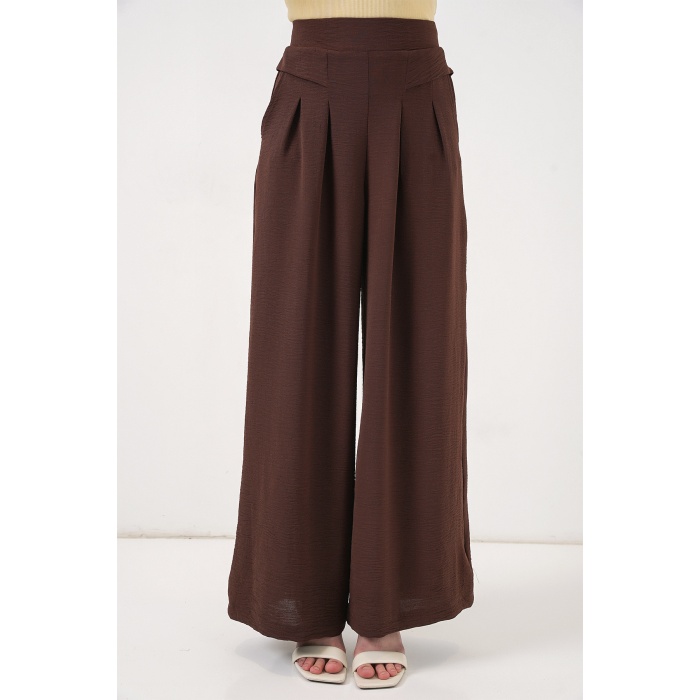 Kadın Geniş Paça Pileli Pantolon 6718 - Kahverengi