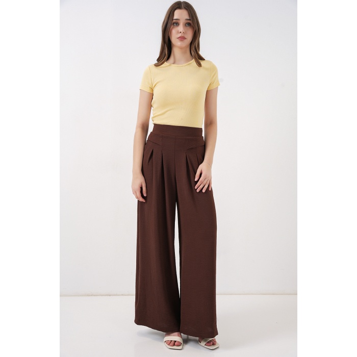 Kadın Geniş Paça Pileli Pantolon 6718 - Kahverengi