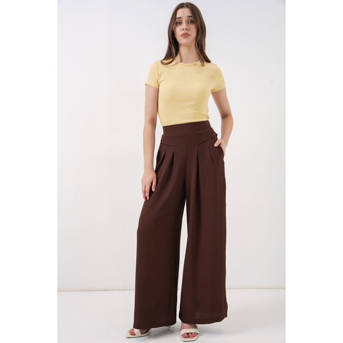 Kadın Geniş Paça Pileli Pantolon 6718 - Kahverengi