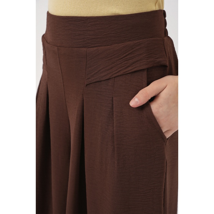 Kadın Geniş Paça Pileli Pantolon 6718 - Kahverengi