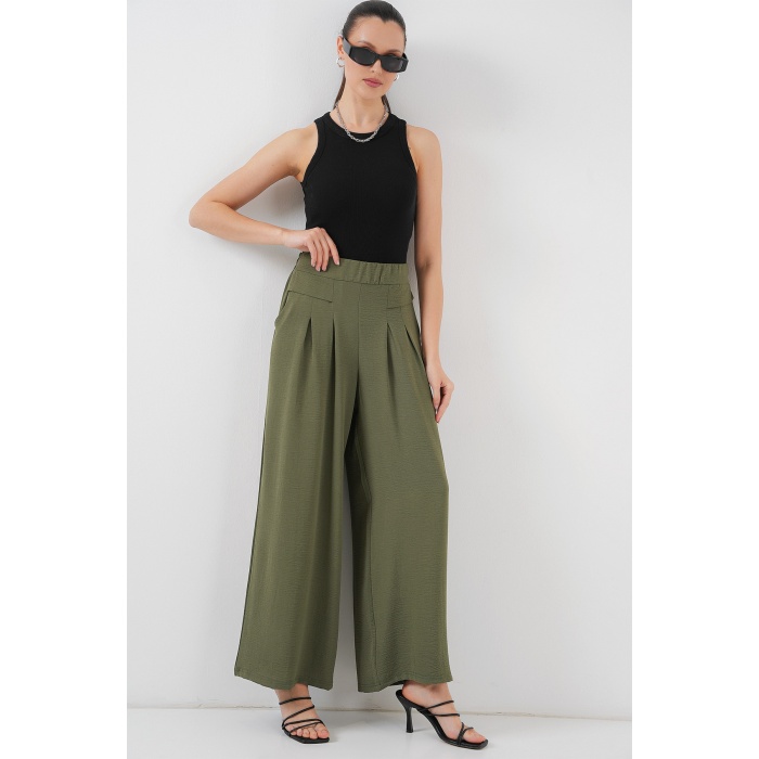 Kadın Geniş Paça Pileli Pantolon 6718 - Haki