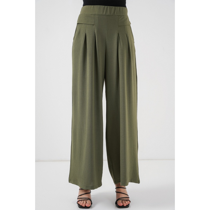 Kadın Geniş Paça Pileli Pantolon 6718 - Haki