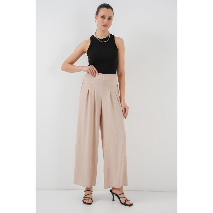 Kadın Geniş Paça Pileli Pantolon 6718 - Krem