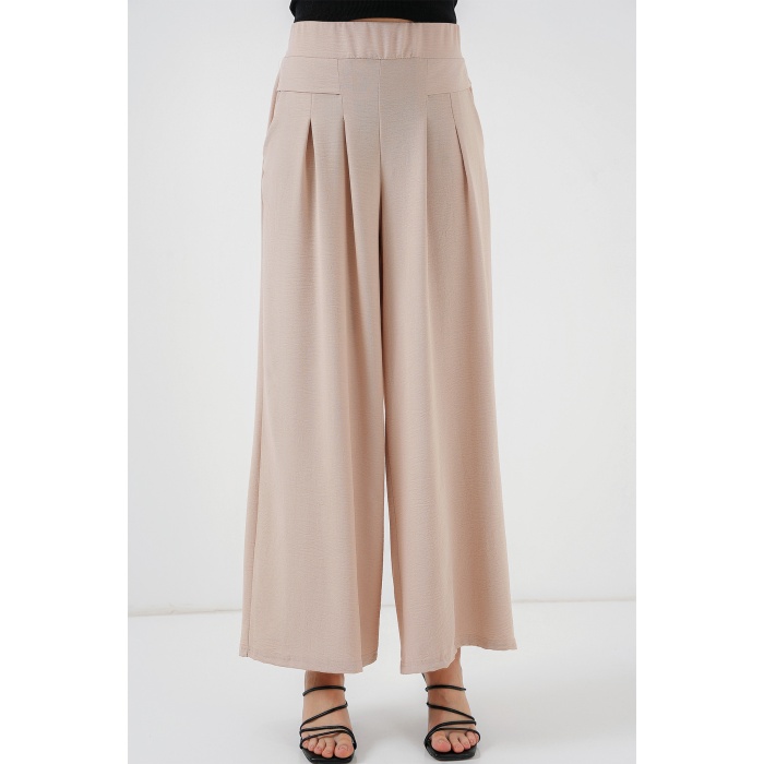 Kadın Geniş Paça Pileli Pantolon 6718 - Krem