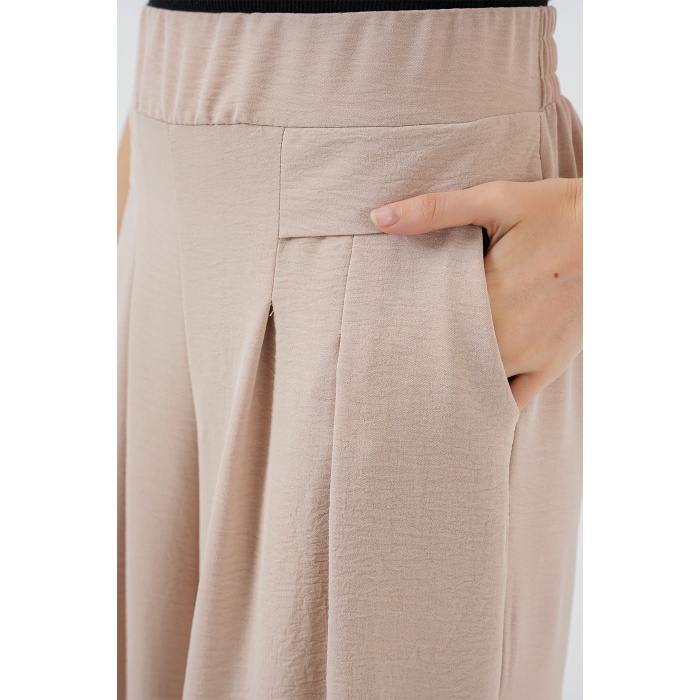 Kadın Geniş Paça Pileli Pantolon 6718 - Krem