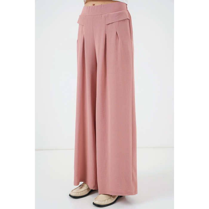 Kadın Geniş Paça Pileli Pantolon 6718 - Gül Kurusu