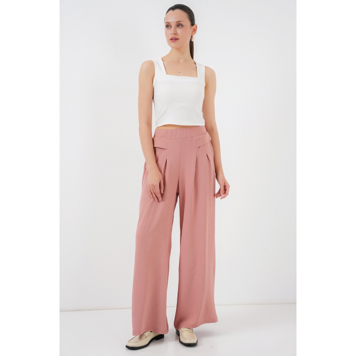 Kadın Geniş Paça Pileli Pantolon 6718 - Gül Kurusu