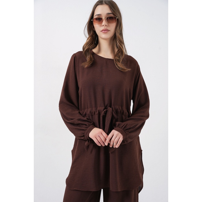 Kadın Uzun Tunik Pantolon İkili Takım 6719 - Kahverengi