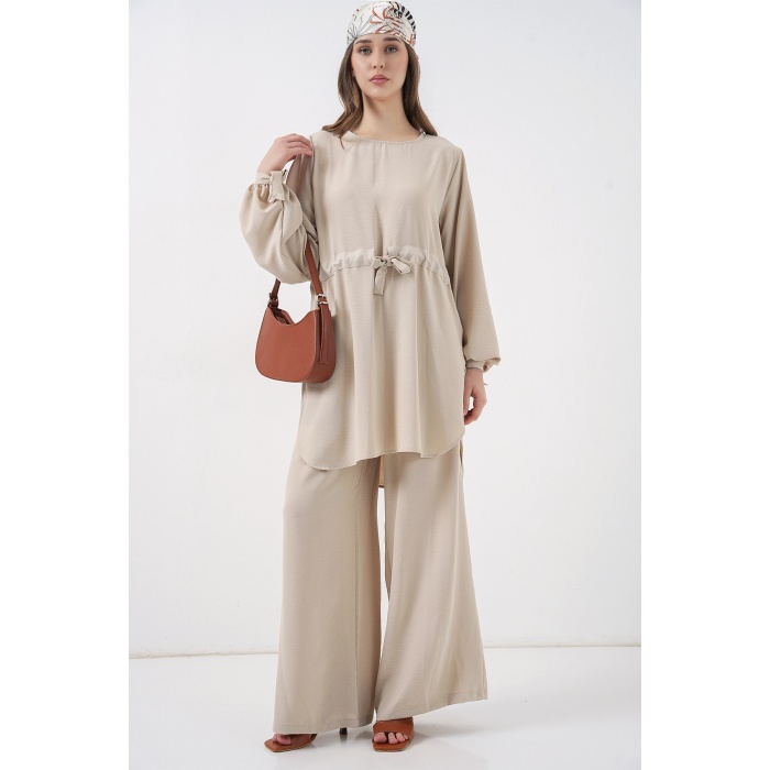 Kadın Uzun Tunik Pantolon İkili Takım 6719 - Krem