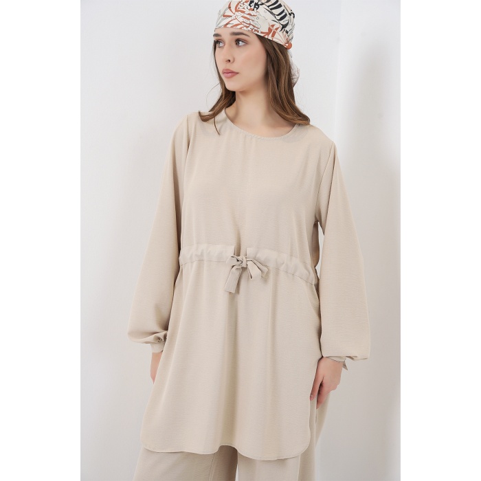 Kadın Uzun Tunik Pantolon İkili Takım 6719 - Krem