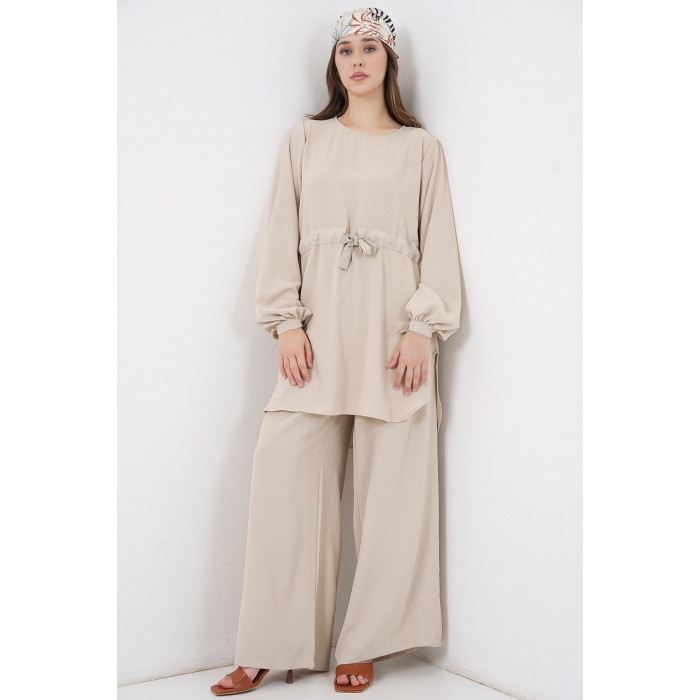 Kadın Uzun Tunik Pantolon İkili Takım 6719 - Krem