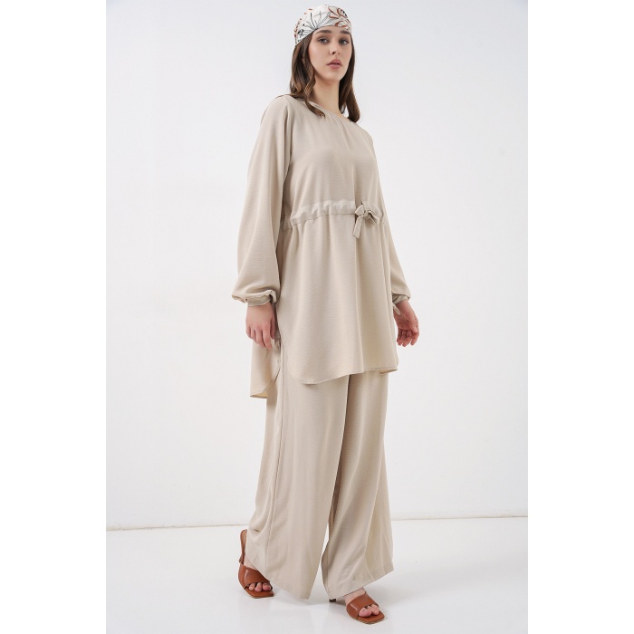 Kadın Uzun Tunik Pantolon İkili Takım 6719 - Krem