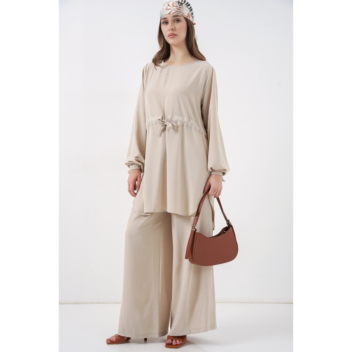 Kadın Uzun Tunik Pantolon İkili Takım 6719 - Krem