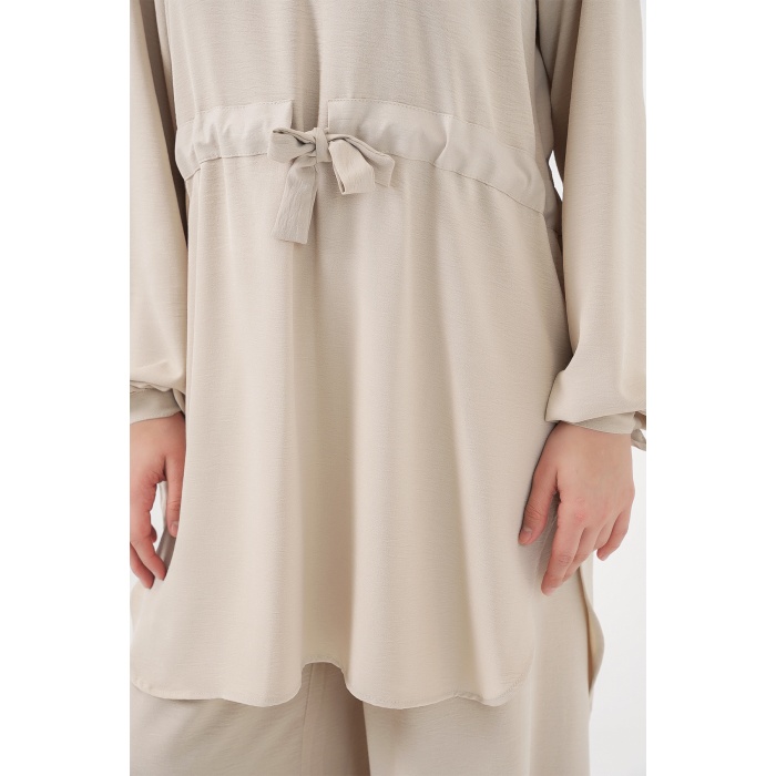 Kadın Uzun Tunik Pantolon İkili Takım 6719 - Krem