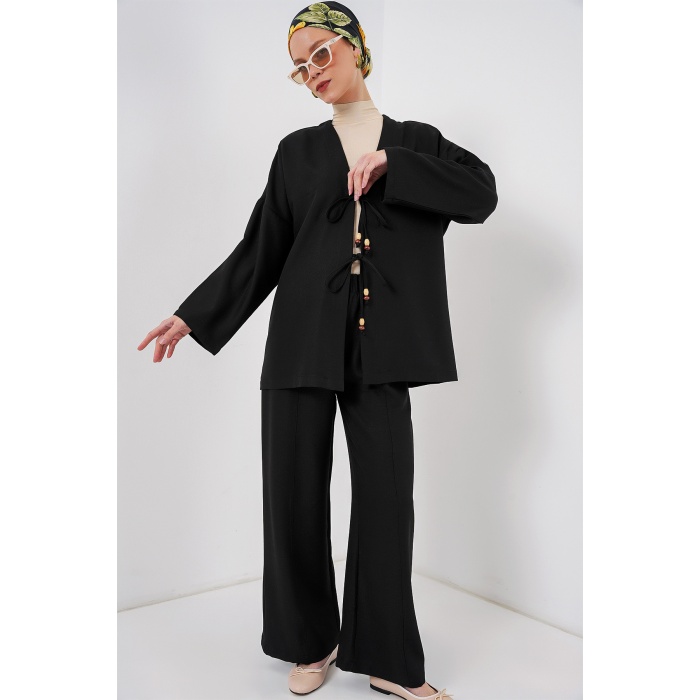 Kadın Keten Kimono İkili Takım 6727 - Siyah