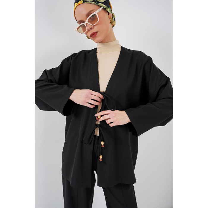 Kadın Keten Kimono İkili Takım 6727 - Siyah