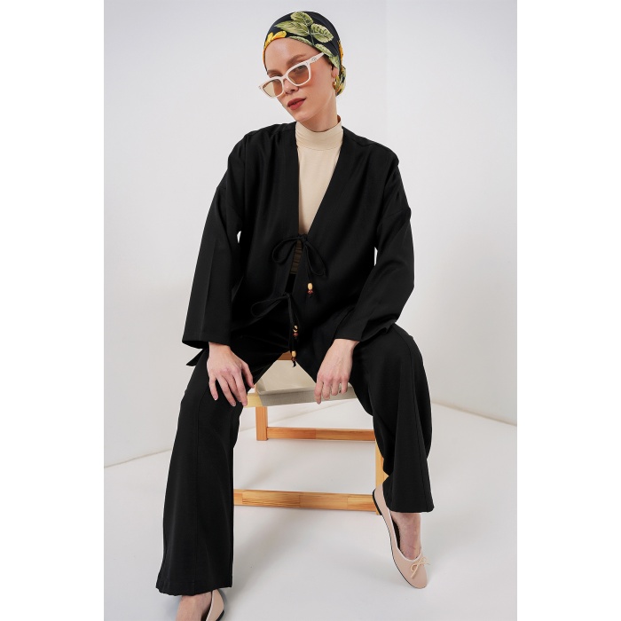 Kadın Keten Kimono İkili Takım 6727 - Siyah
