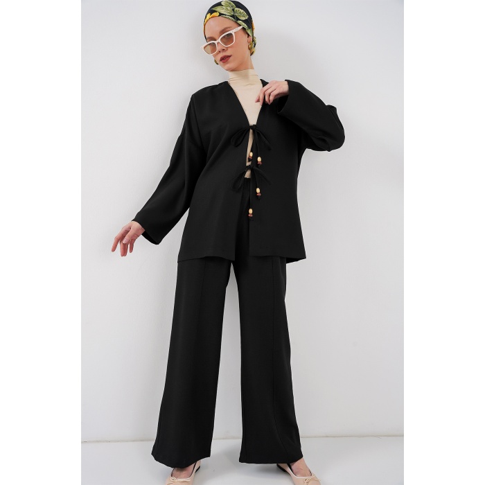 Kadın Keten Kimono İkili Takım 6727 - Siyah