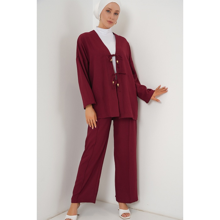 Kadın Keten Kimono İkili Takım 6727 - Bordo