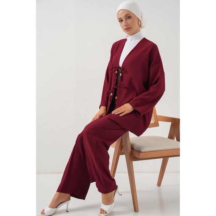 Kadın Keten Kimono İkili Takım 6727 - Bordo
