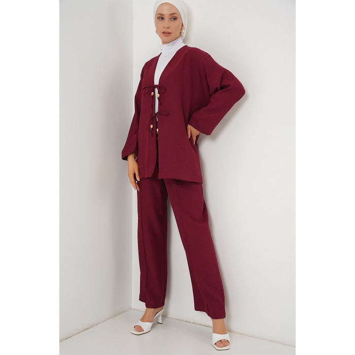 Kadın Keten Kimono İkili Takım 6727 - Bordo