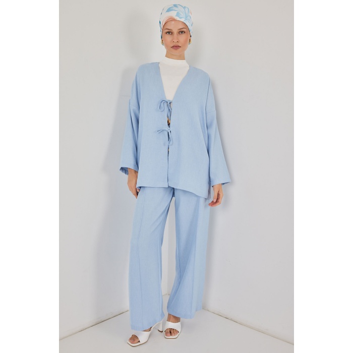 Kadın Keten Kimono İkili Takım 6727 - Mavi